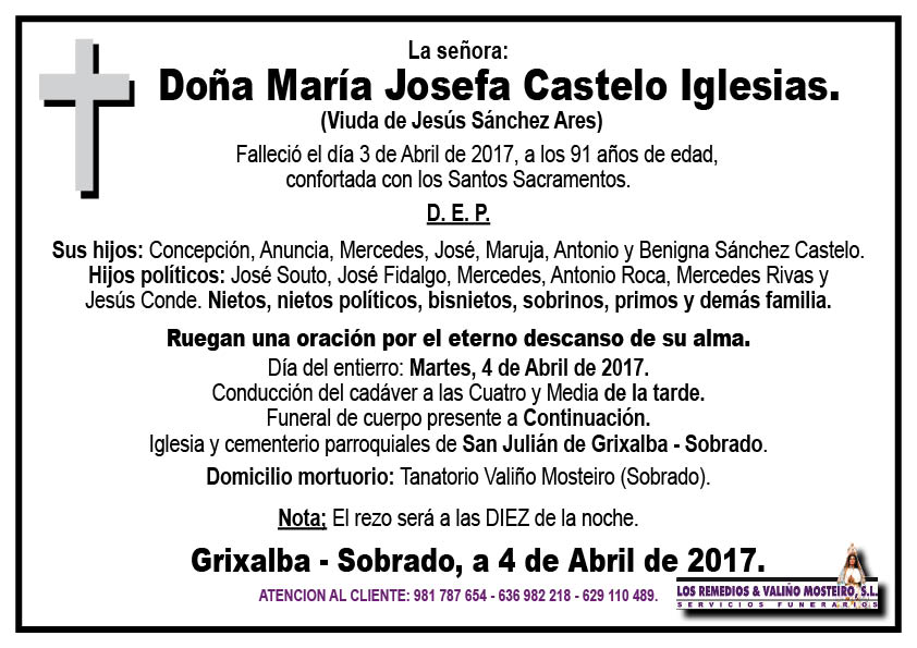 Esquela de María Josefa Castelo Iglesias.